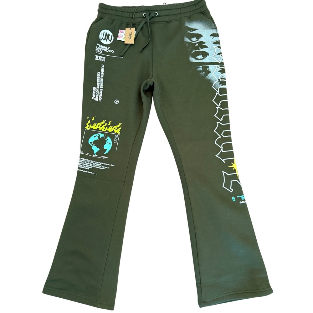 Highly Undrtd Obsessive Culture Stacked Joggers XL Olive Green Graphic Flare NWT
